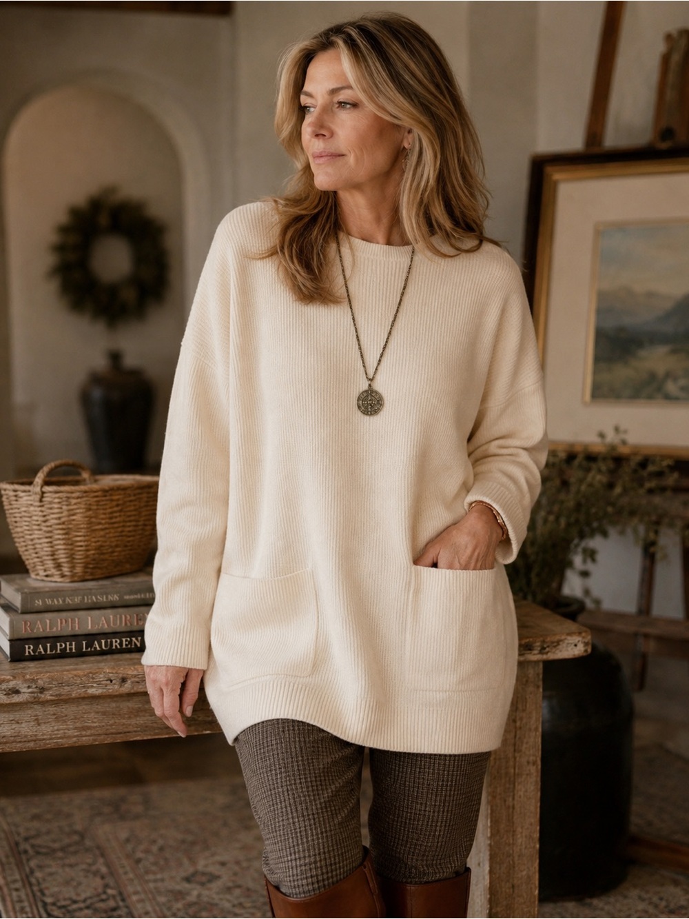 Lauren Ralph Lauren 100% Cashmere Ribbed Oversized Sweater Cream M Pockets